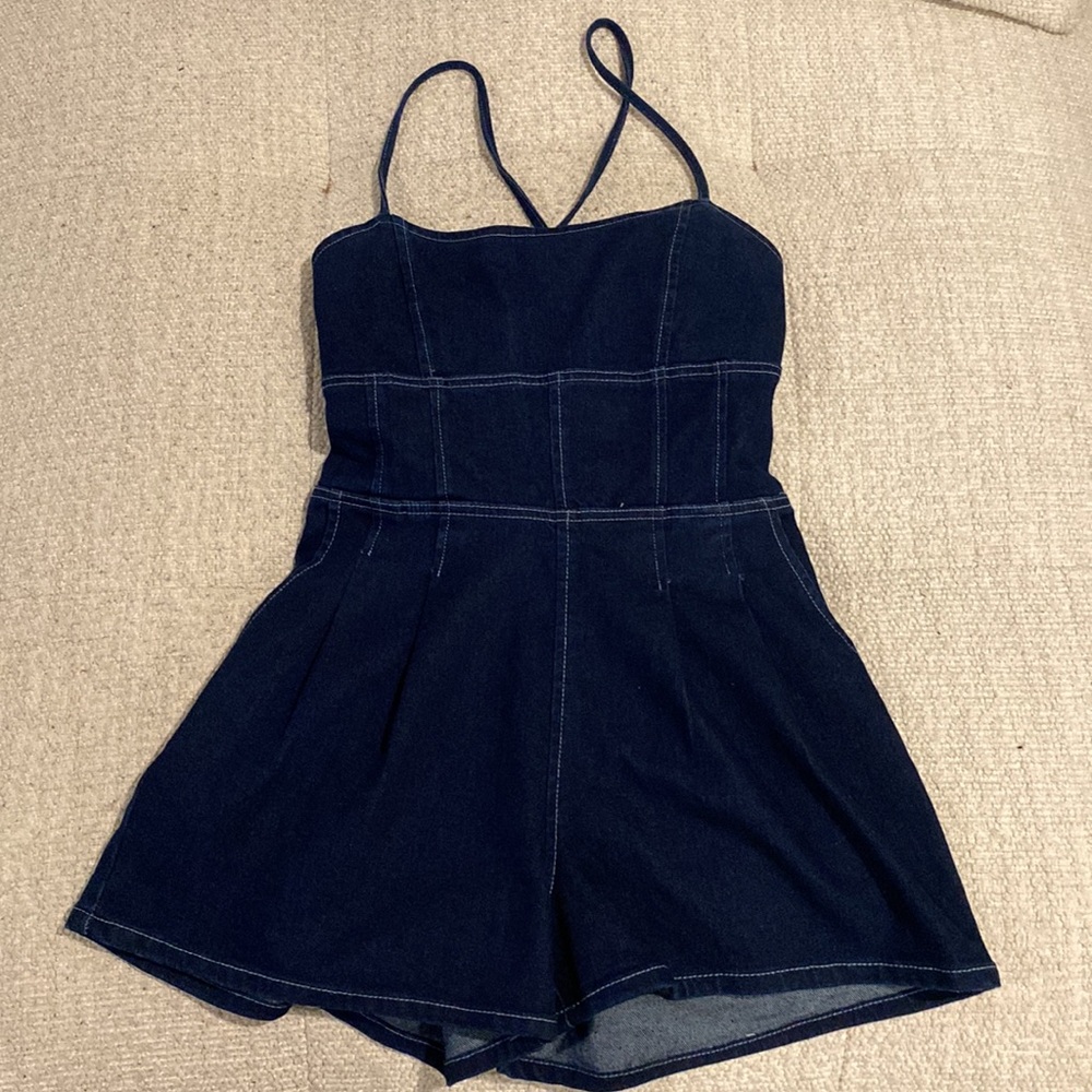 Denim strappy open back shorts romper